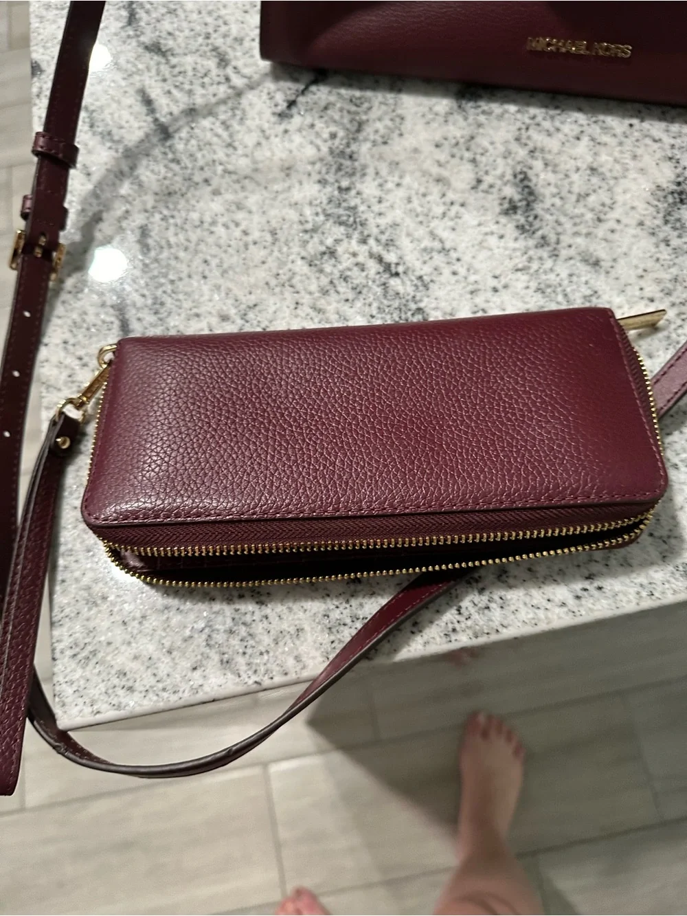 Michael Kors Wine Leather Satchel with Gold Accent with matching wallet
